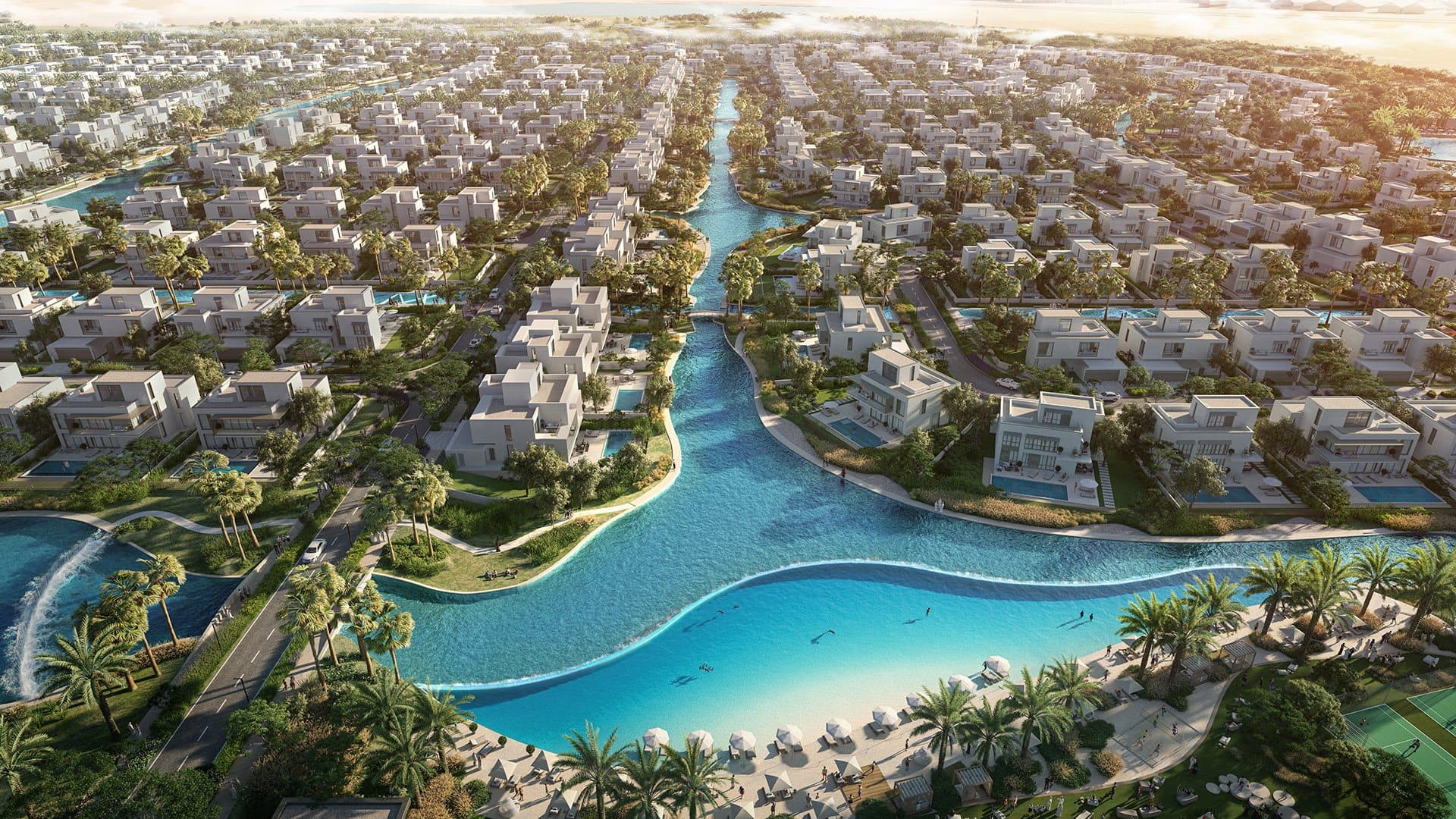 Developer rendering of The Oasis by Emaar: villas set along canals and a lagoon beach